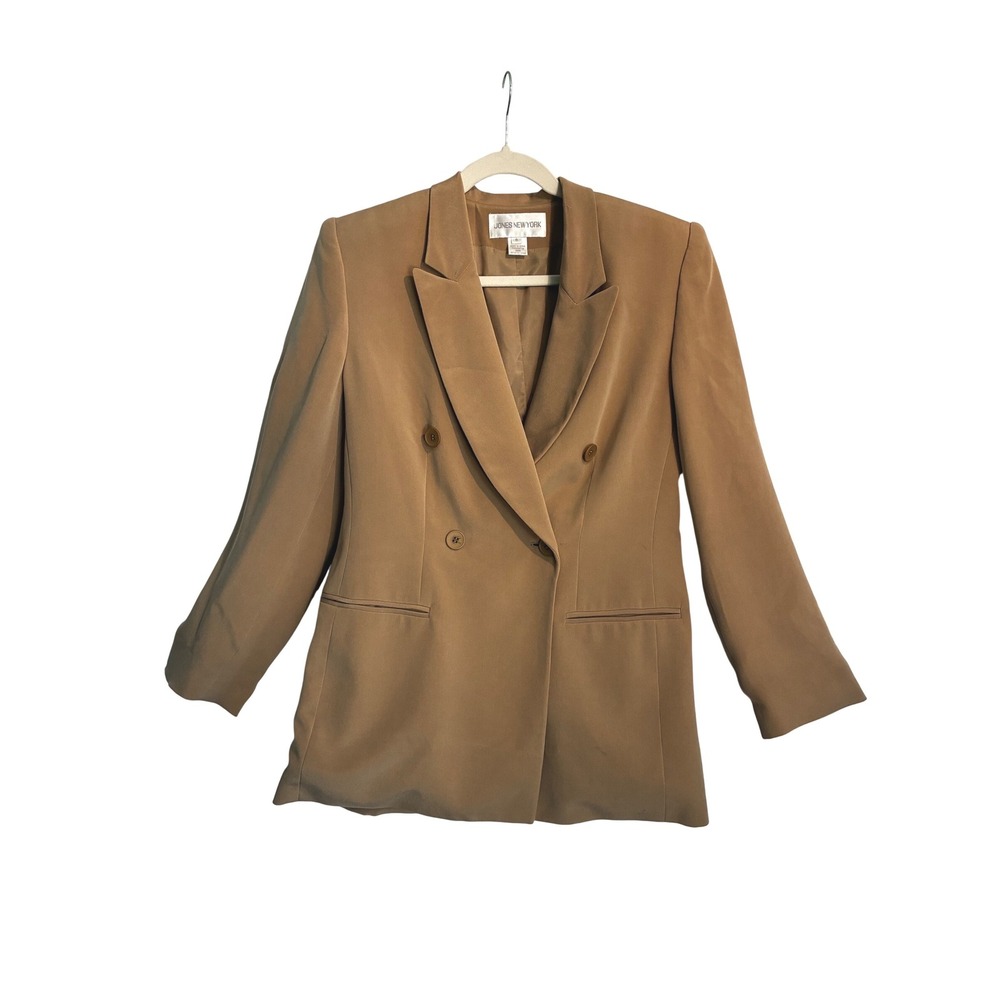 Vintage 90s Camel Tan 100% Silk Double Breasted Blazer Jacket 6 Quiet Luxury